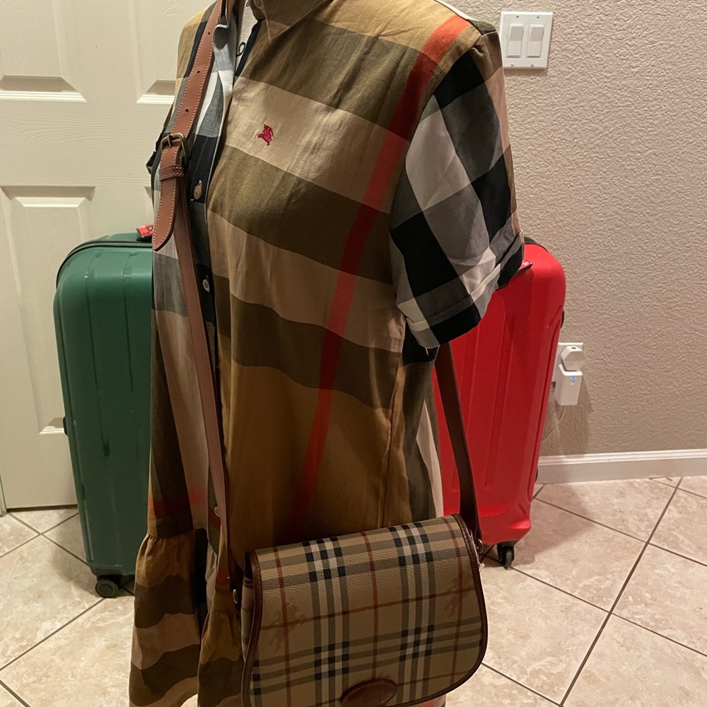 Burberry Tan & Black Check Crossbody Bag with Red Accents